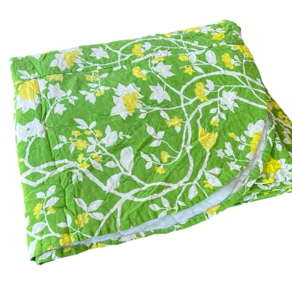 Vintage MCM Quilted Coverlet Bedspread Retro Floral Green Yellow 96x102 GUC